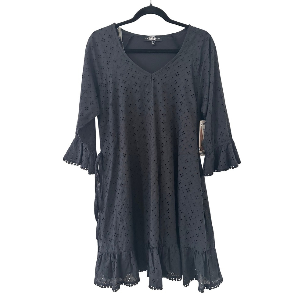 Rewash Brand Eyelet Dress Womens XL Black V-Neck Ruffle Pom Pom Boho Mini Dress